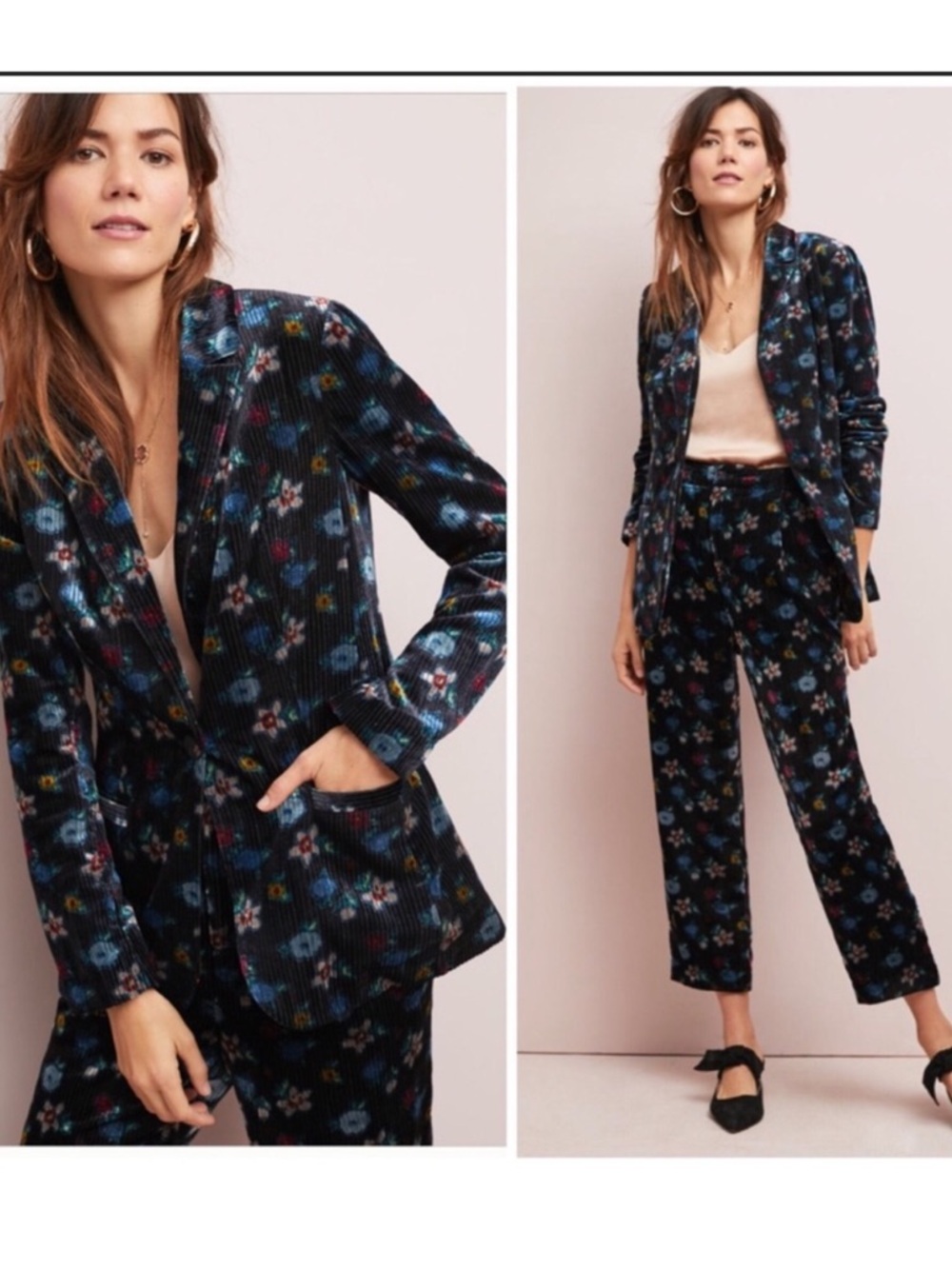 SET Anthropologie ett:twa Black Blooming Floral Velvet Blazer Sz 6 / Small Pant